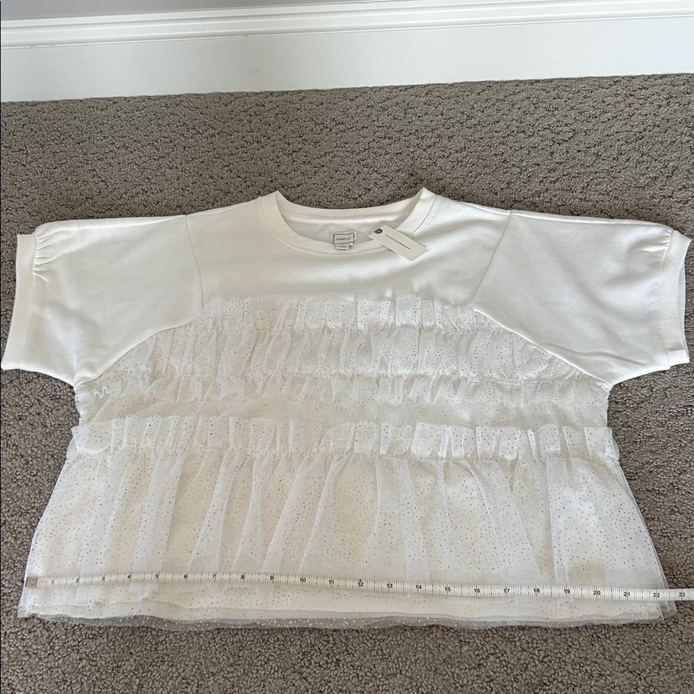 Anthropologie Maeve Short-Sleeve Smocked Ruffled Sweatshirt Glitter Tulle XS NWT - Picture 10 of 12
